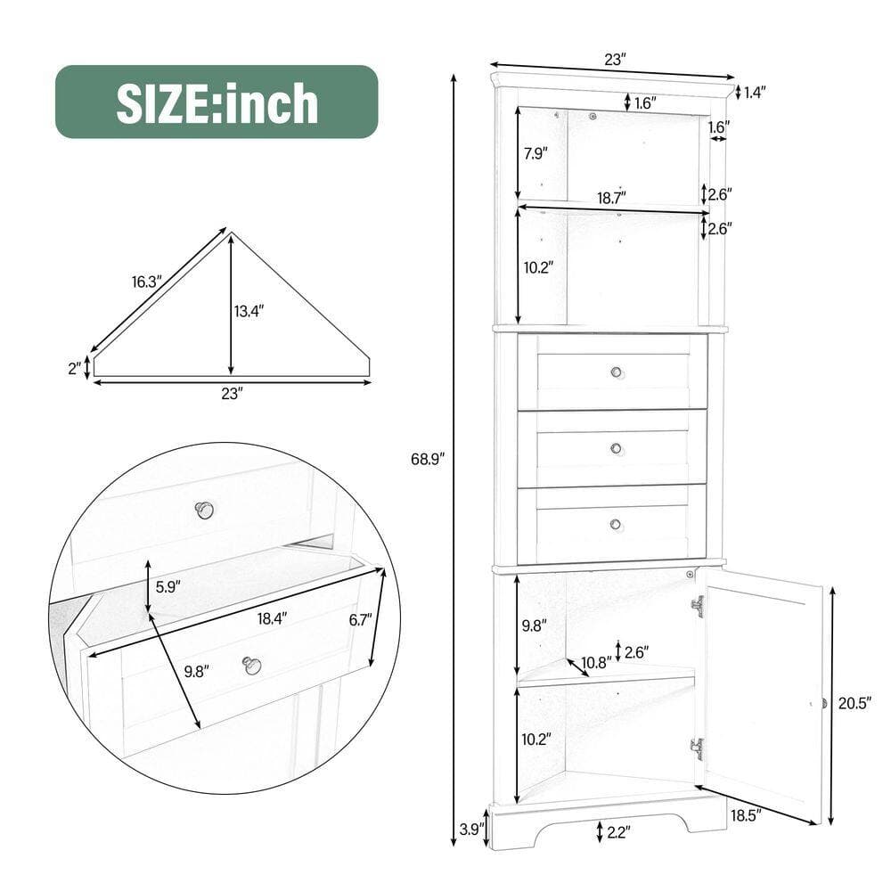 Unbranded 23.00 in. W x 13.40 in. D x 68.90 in. H White Triangle Tall Linen Cabinet with 3 Drawers and Adjustable Shelves (2)