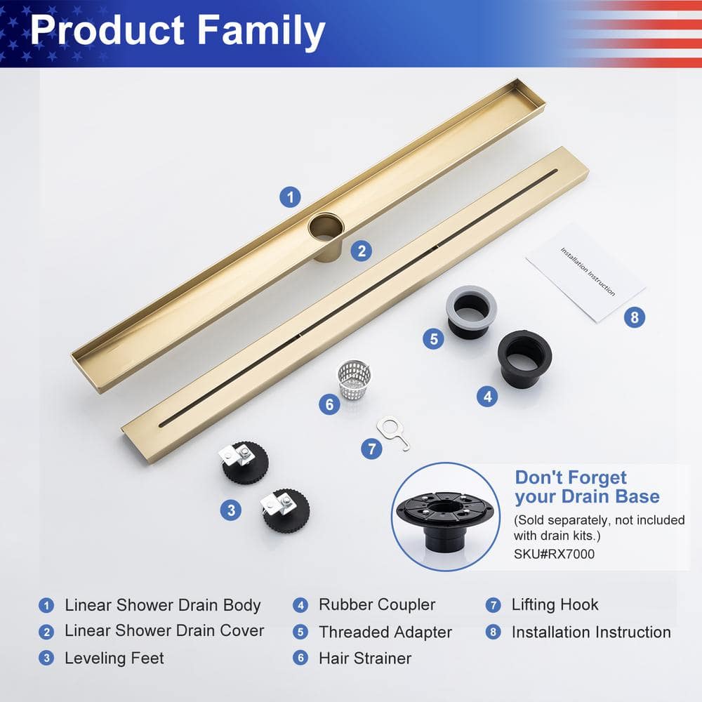 RAINLEX 32 in. Stainless Steel Linear Shower Drain with Square Pattern Drain Cover in Brushed Gold (2)