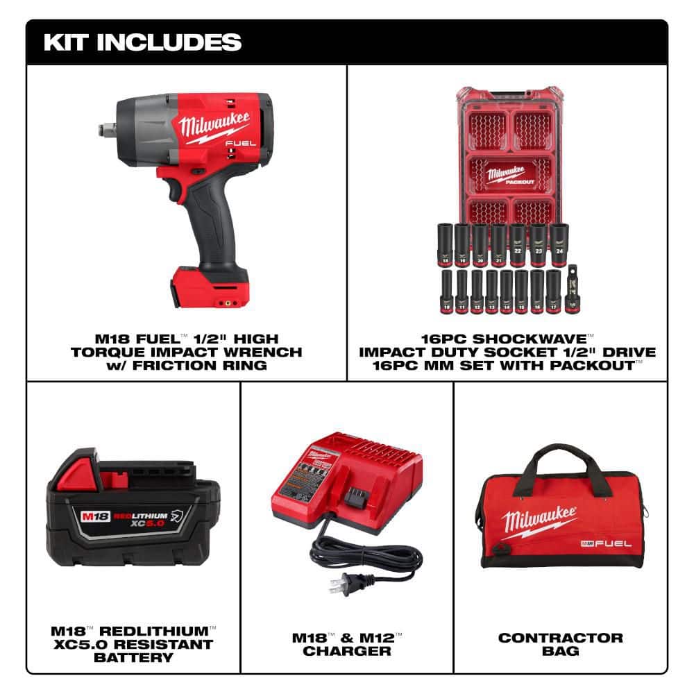 Milwaukee M18 FUEL 18V 1/2 in. Impact Wrench Kit w/ 5. 0Ah Battery, Bag with 1/2 in. Metric 16-Pc PACKOUT Socket (2)