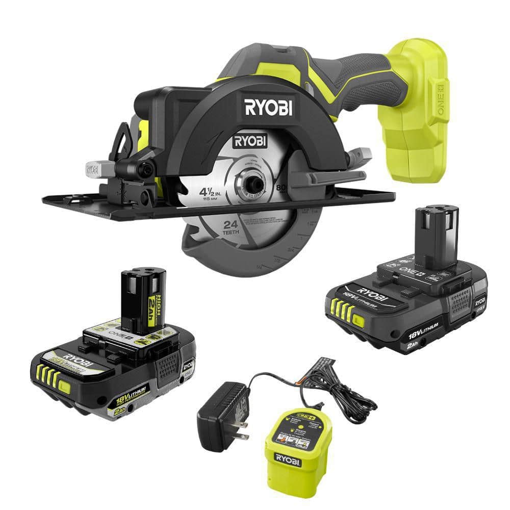 RYOBI ONE+ 18V Cordless 4-1/2 in. Circular Saw Kit with 2 Ah Battery, Charger, Extra 2.0 Ah Battery, and Extra Charger (1)