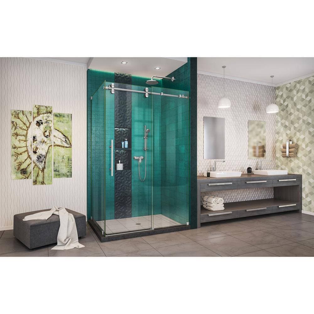 DreamLine Enigma - XO 44 -3/8 - 48 -3/8 in. W x 76 in. H Fully Frameless Sliding Shower Enclosure in Brushed Stainless Steel (3)