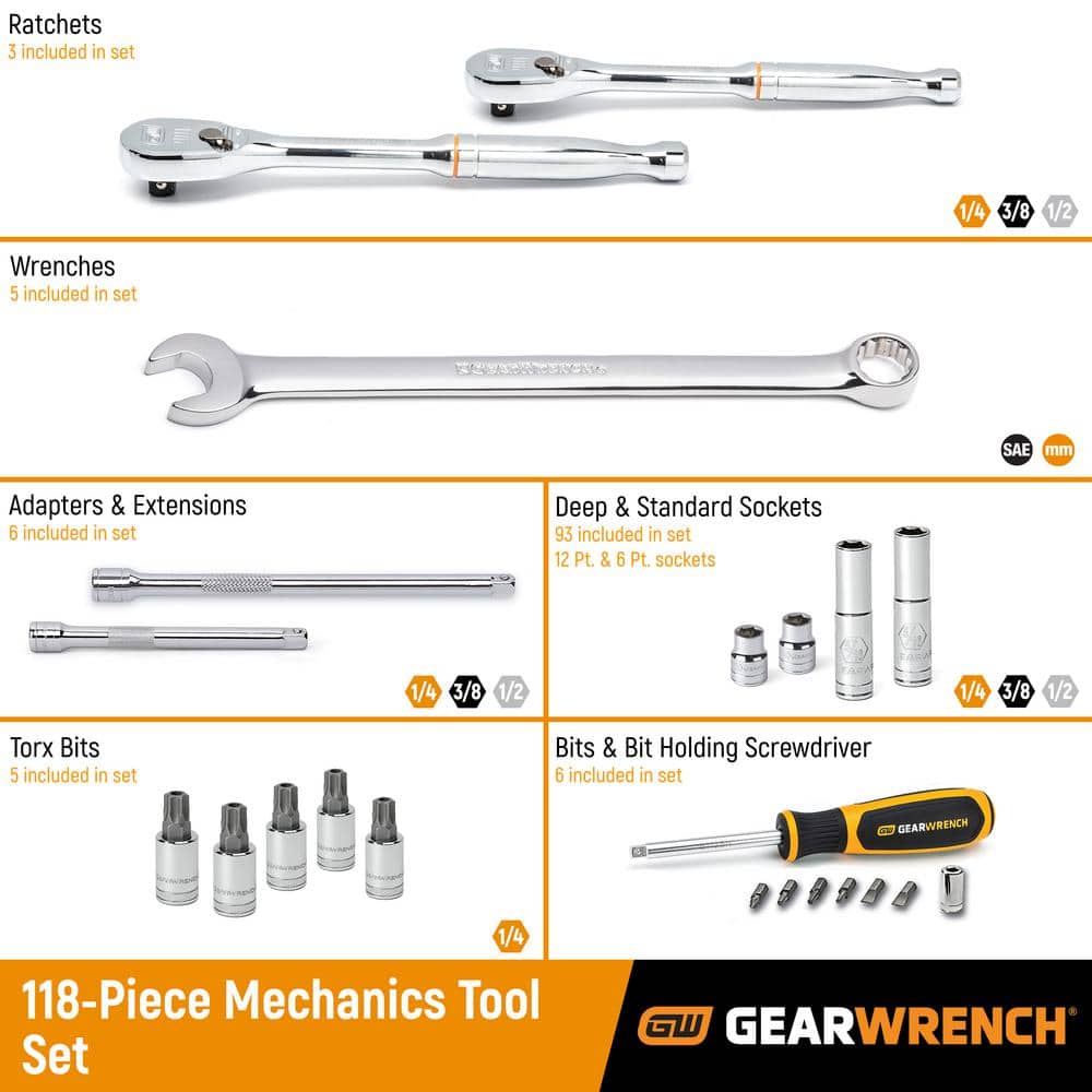 GEARWRENCH 1/4 in., 3/8 in. and 1/2 in. Drive Standard and Deep SAE/Metric Mechanics Tool Set (118-Piece) (2)
