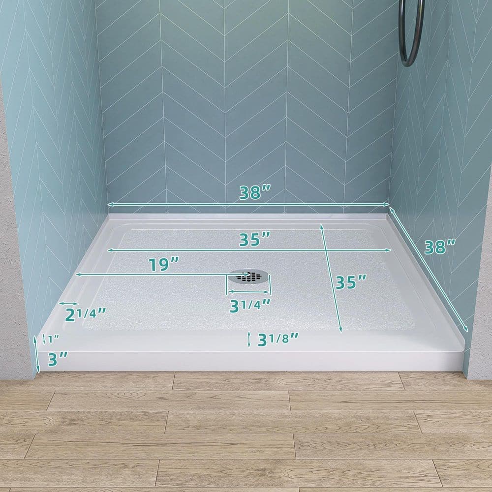 Getpro 38 in.L x 38 in.W Alcove Shower Pan Base Single Threshold Shower Tray with Center Drain in White Square Acrylic Pan Base (2)