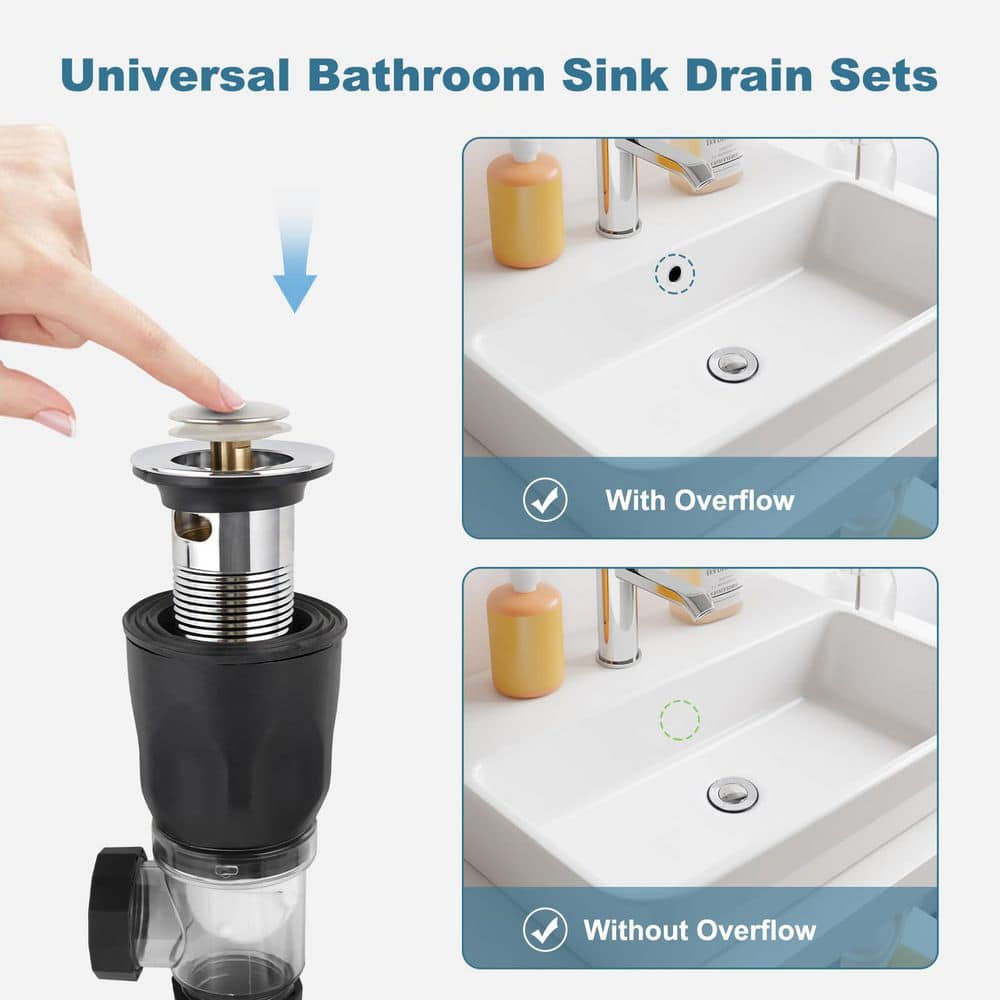 Wudkey 1-Piece Bathroom Sink Drain Kit in Black, Flexible P-Trap Drain Pipe with Pop Up Stopper, Included Mounting Hardware (2)