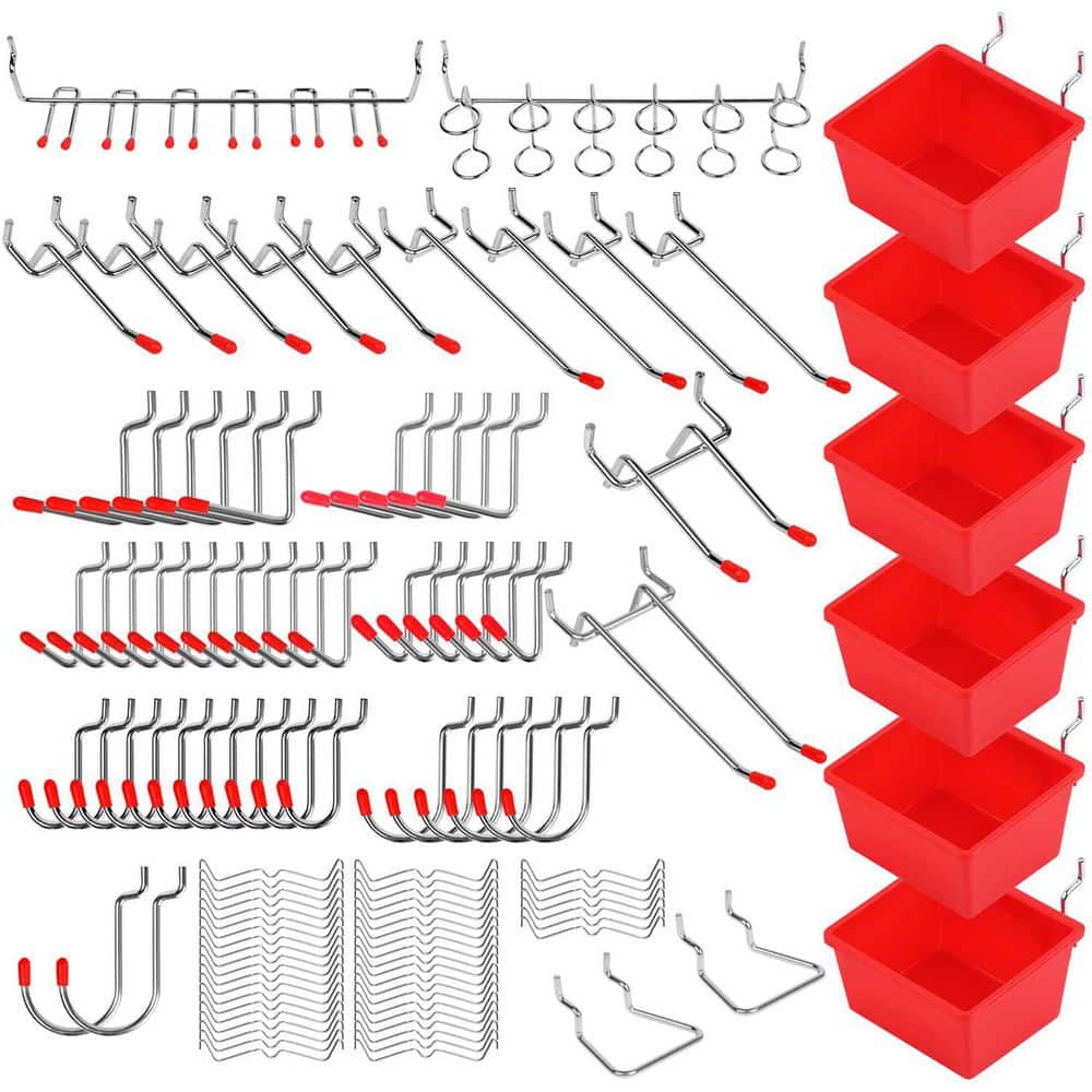 NVNOO 121-Piece Pegboard Hooks Set with Metal Tool Hooks, Peg Board Organizer Accessories, Pegboard Bins, Red (1)