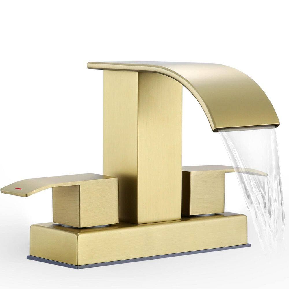 GAGALIFE 4 in. Centerset Double Handle Waterfall Spout Bathroom Vessel Sink Faucet with Supply Lines in Brushed Gold (2)