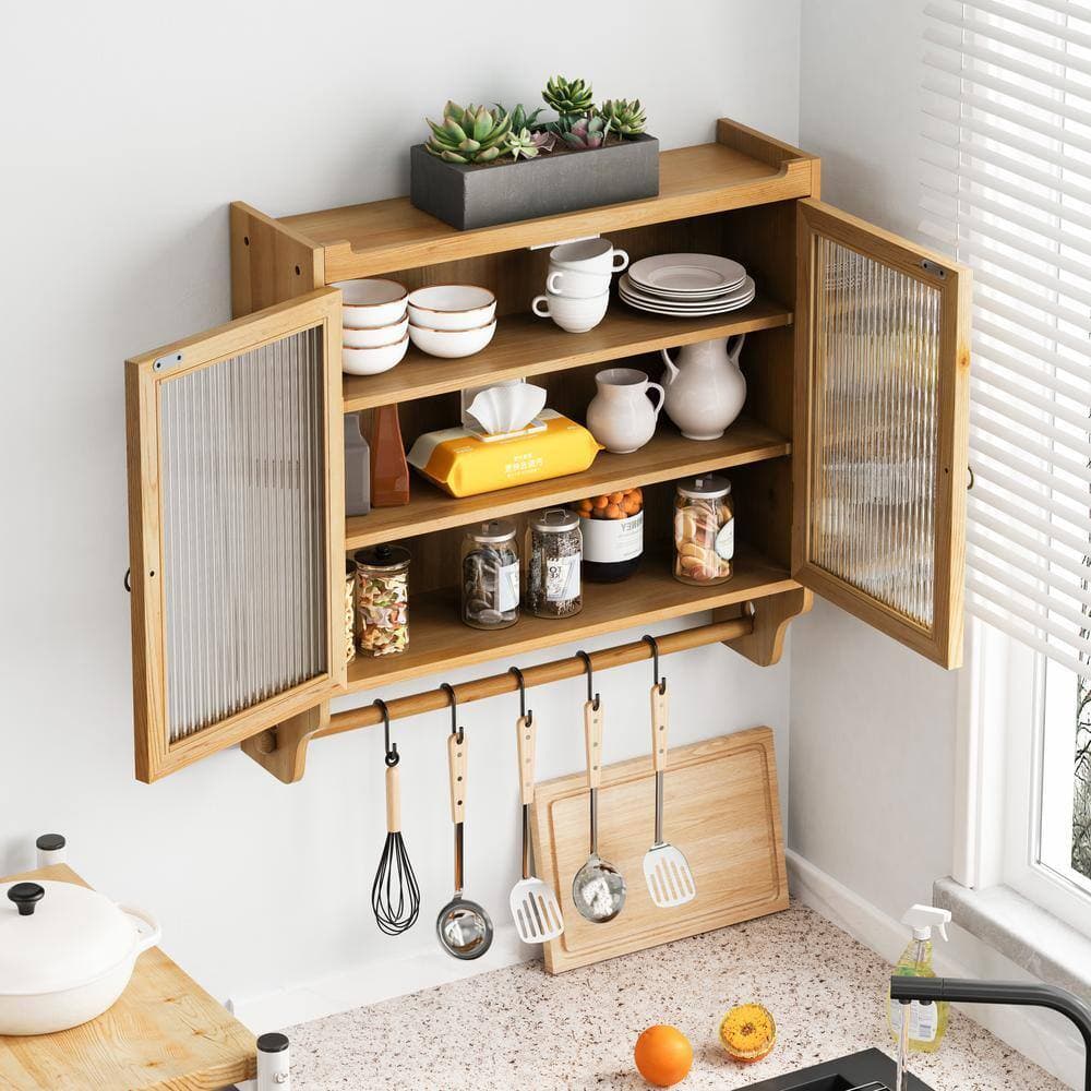 IDEAGLE 24.8 in. W x 7 in. D x 23.62 in. H Bathroom Storage Wall Cabinet Double Glass Door 3 Shelf and Towel Rack in Natural (3)
