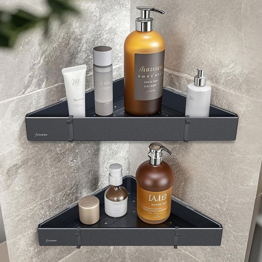 Unbranded 15.5 in. L x 8 in. W x 2 in. H Wall Mount Corner Shower Shelf in Black 2-pack (2)