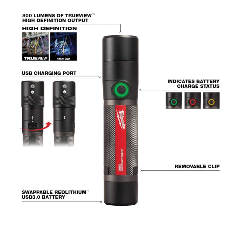 Milwaukee 800 Lumens LED USB Rechargeable Fixed Focus Flashlight (4)