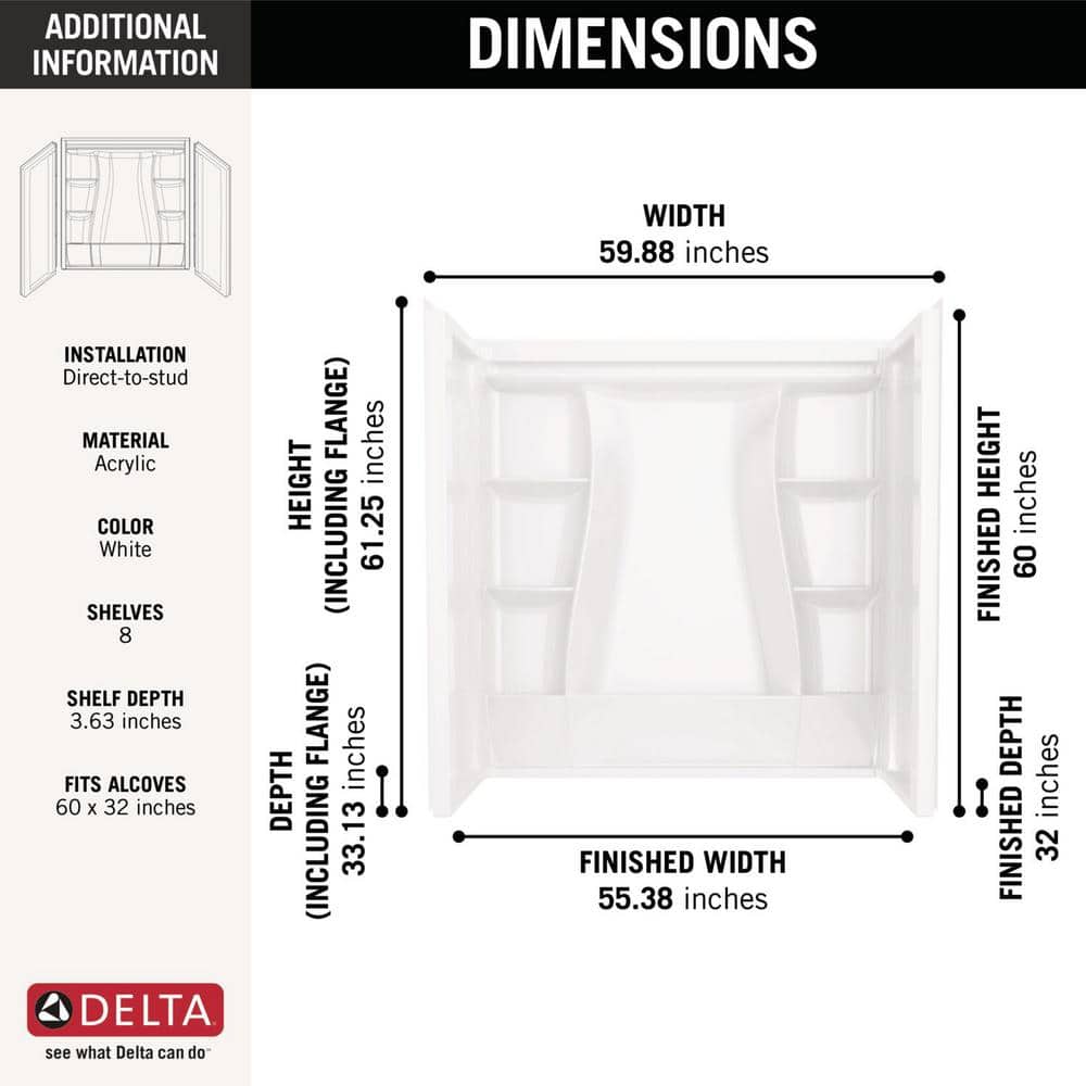 Delta Classic 500 60 in. W x 61.25 in. H x 32 in. D 3-Piece Direct-to-Stud Alcove Bathtub/Shower Surrounds in High Gloss White (3)
