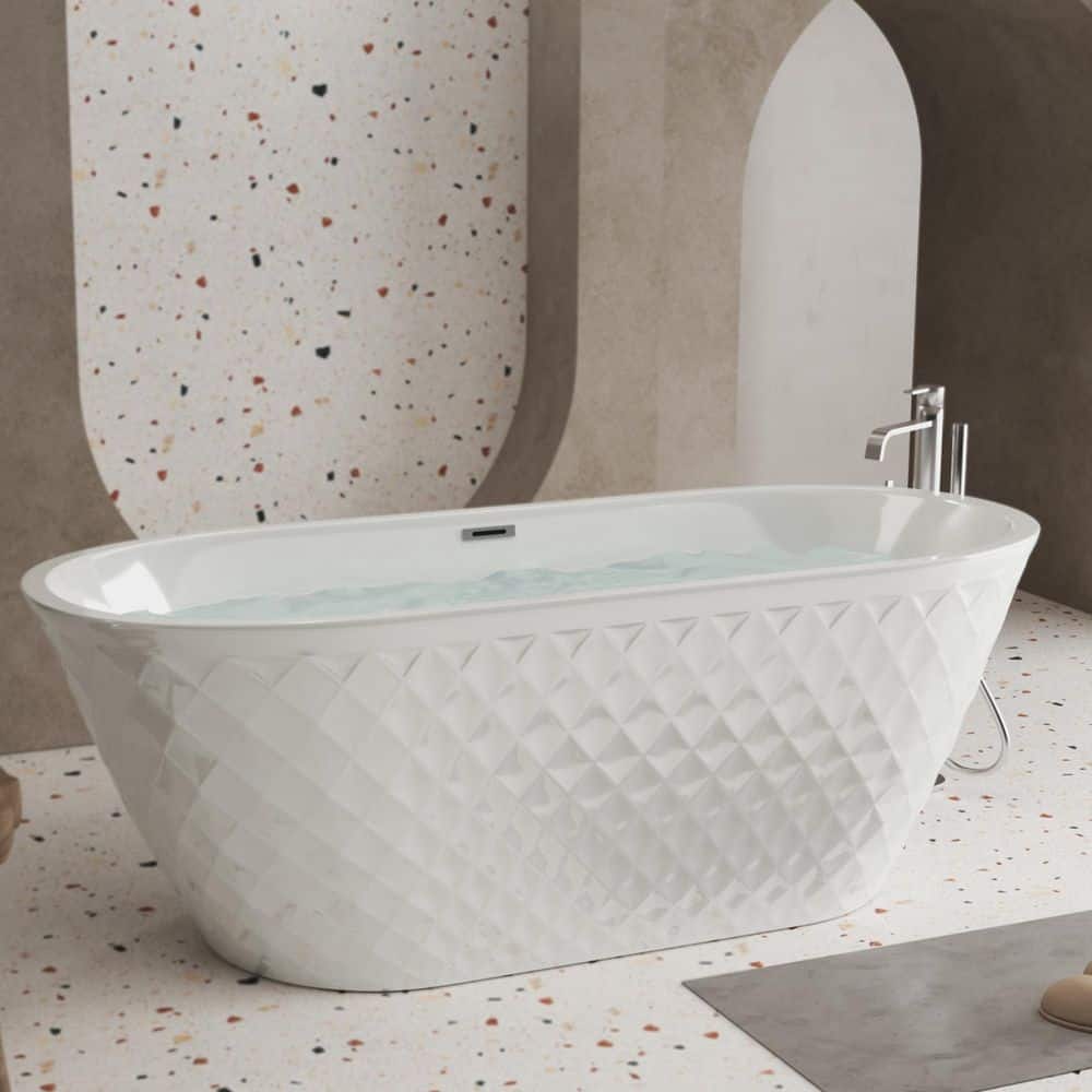Unbranded Luxura 59 in. x 29.4 in. Acrylic Freestanding Bathtub, with Unique Diamond Pattern Freestanding Soaking Bathtub in White (1)