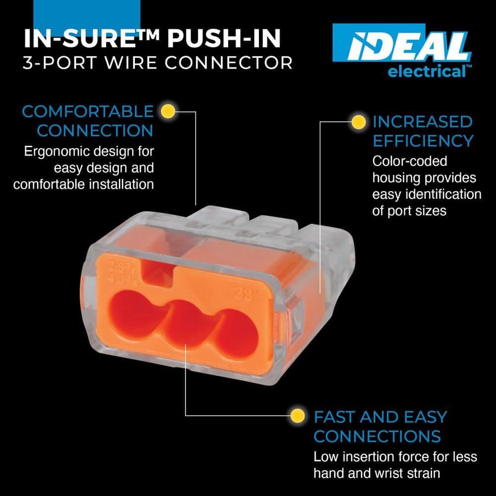 IDEAL Sure Push-In Wire Connector, 3-Port, Box of (2)