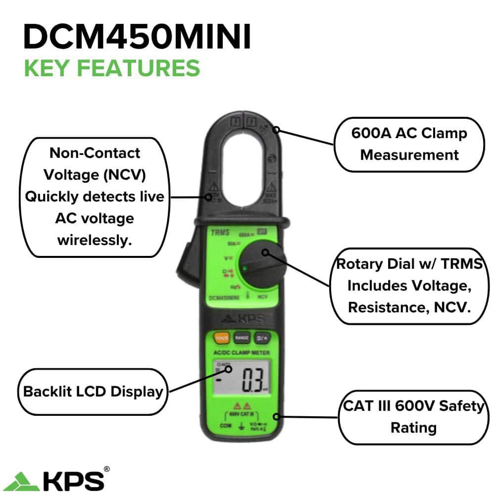 KPS DCM450MINI TRMS Clamp Meter-600A AC with NCV, 6000-Count Display & Backlight (2)