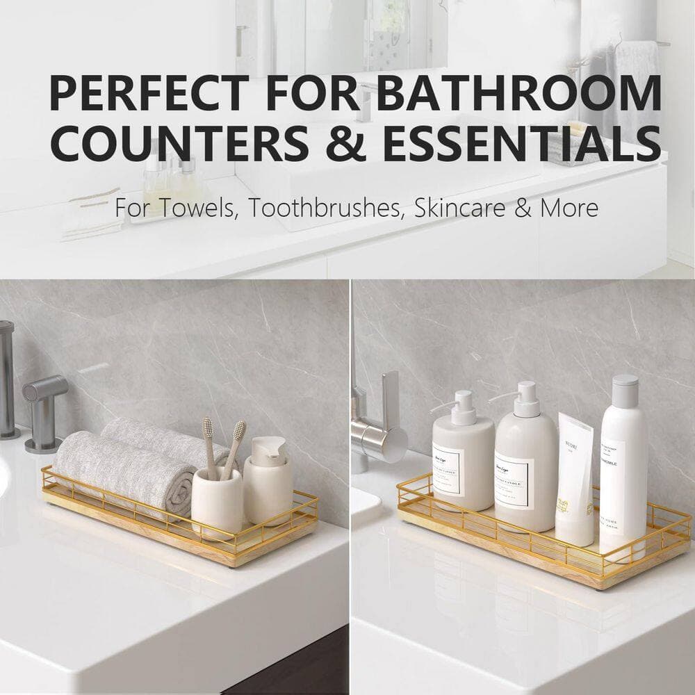 Numhew 1-Pack Freestanding Bathroom Trays, Toilet Tank Tray Organizer with Metal Frame in Gold for Bathroom Counter Storage (3)