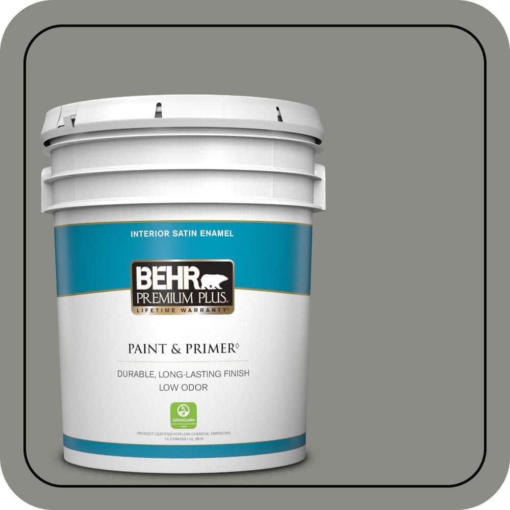 BEHR PREMIUM PLUS 5 gal. #N380-5 Naturalist Gray Satin Enamel Low Odor Interior Paint & Primer