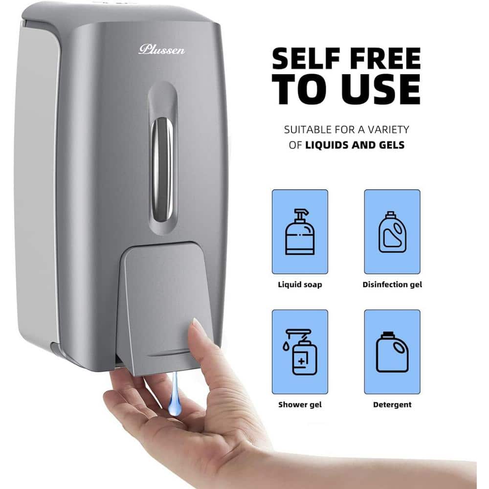 Adrinfly Wall Mount Soap Dispenser Adhesive Hand Sanitizer 800ml No Drill for Bathroom Liquid and Gel, Silver (2)