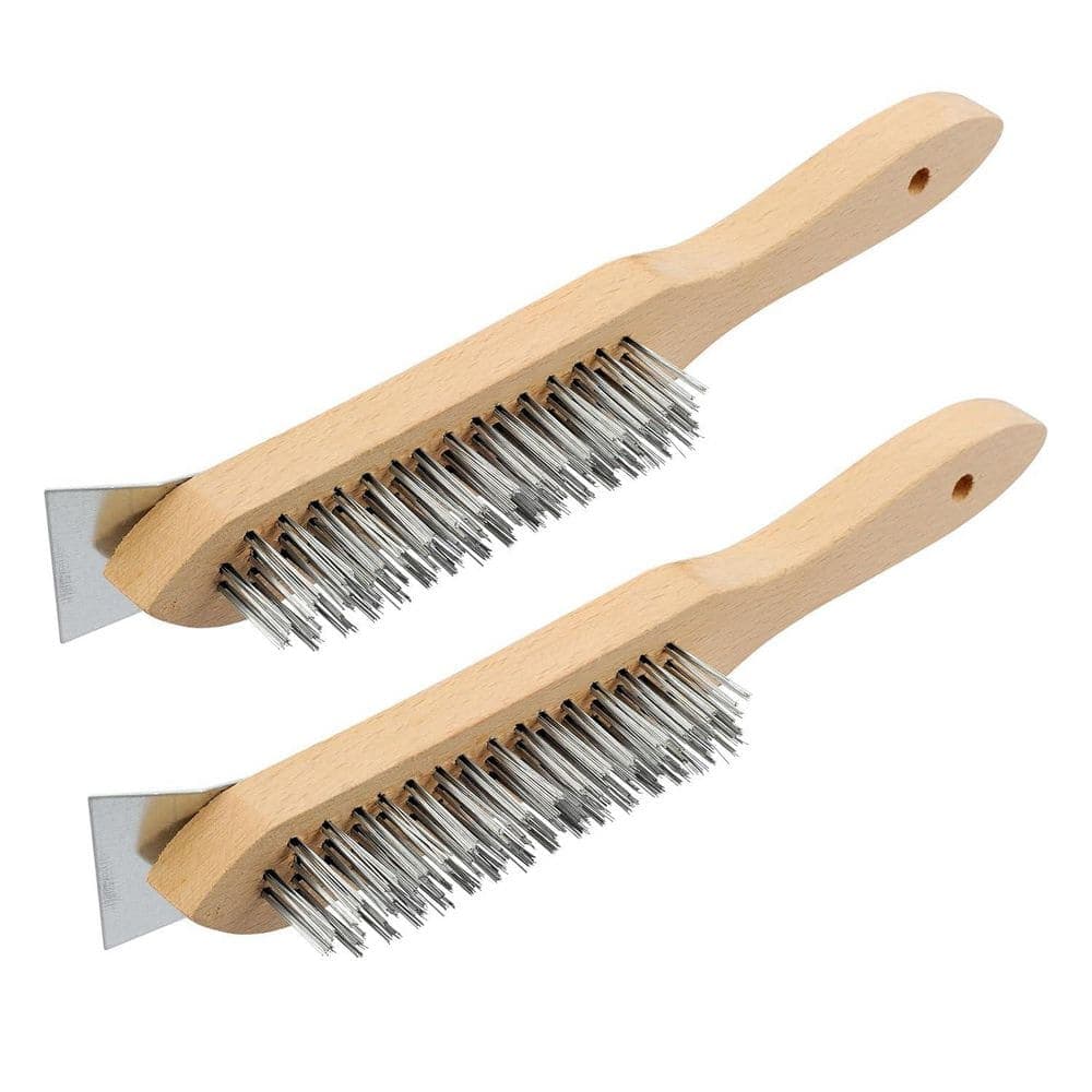 KIWDZFU 12 in. Stainless Steel Wire Scratch Brush with Metal Scraper Heavy Duty for Rust Paint Cleaning 2-Pieces (1)