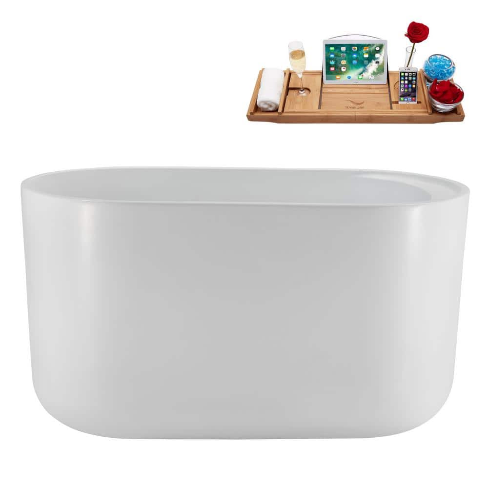Streamline 26 in. Acrylic Freestanding Soaking Bathtub Glossy White with Matte Oil Rubbed Bronze Drain, Bamboo Tray (1)