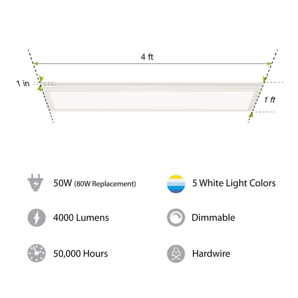 Commercial Electric 1-Pack 1 ft. x 4 ft. 4000 Lumens Dimmable Integrated LED Flat Panel Ceiling Flush Mount Fixture with Selectable 5CCT (4)