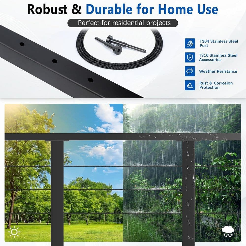 Afoxsos 1-Stop 36 Black T304 Cable Railing Posts Kit DIY 4 Pack Level Drilled Line Posts 2 in. Wire Rope Stainless Steel (3)