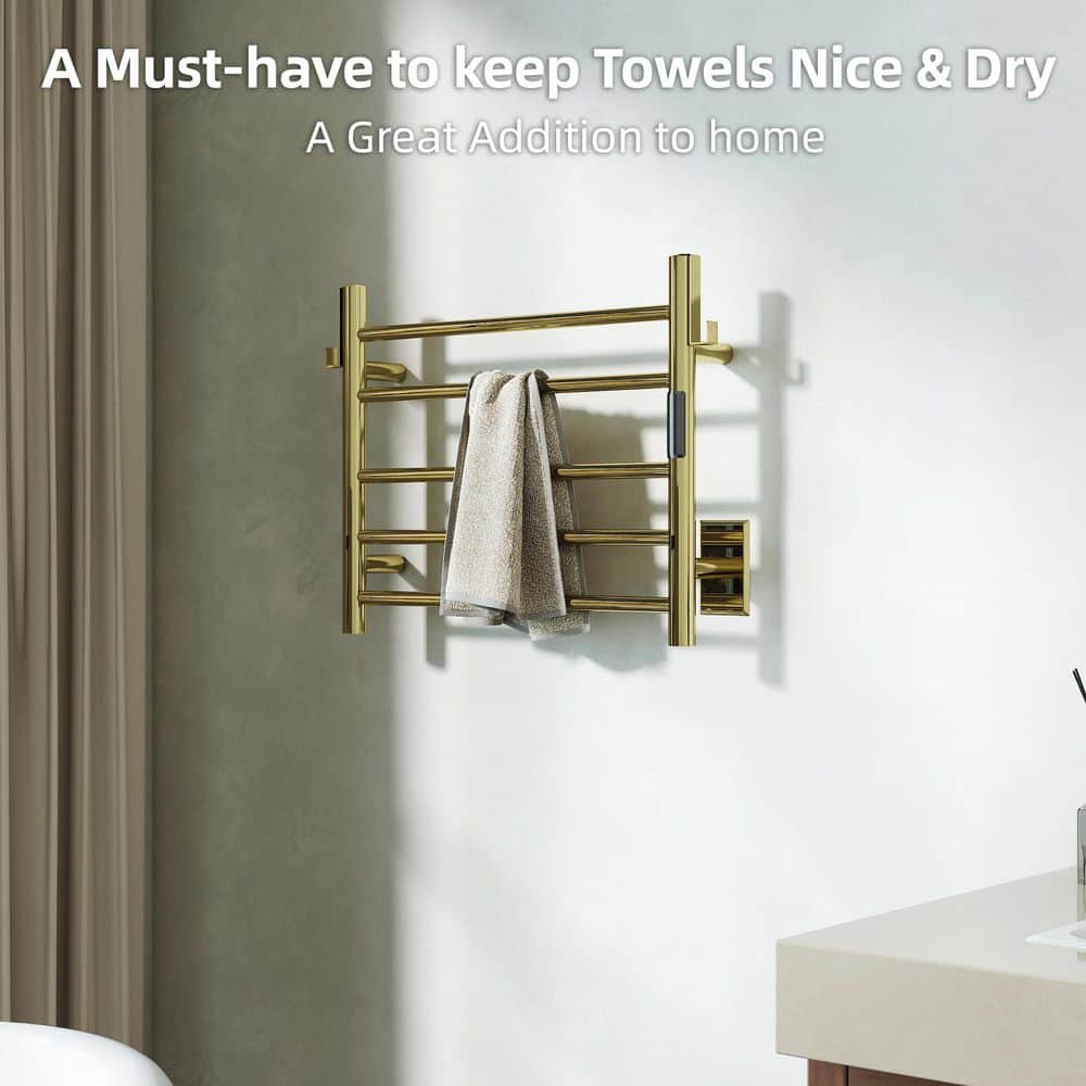 KHKFY Gold Polished 8-Bar Heated Towel Warmer, 21.65 in L x 31.54 in H, Wall Mounted, Timer, Thermo Control (3)