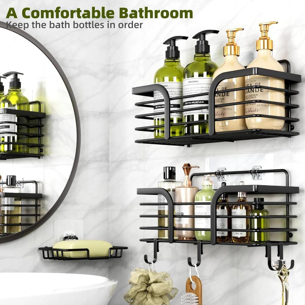Whatseaso 11.5 in. Stainless Steel Wall Mounted Shower Organizer with Soap Holder and Hooks in Black (2)