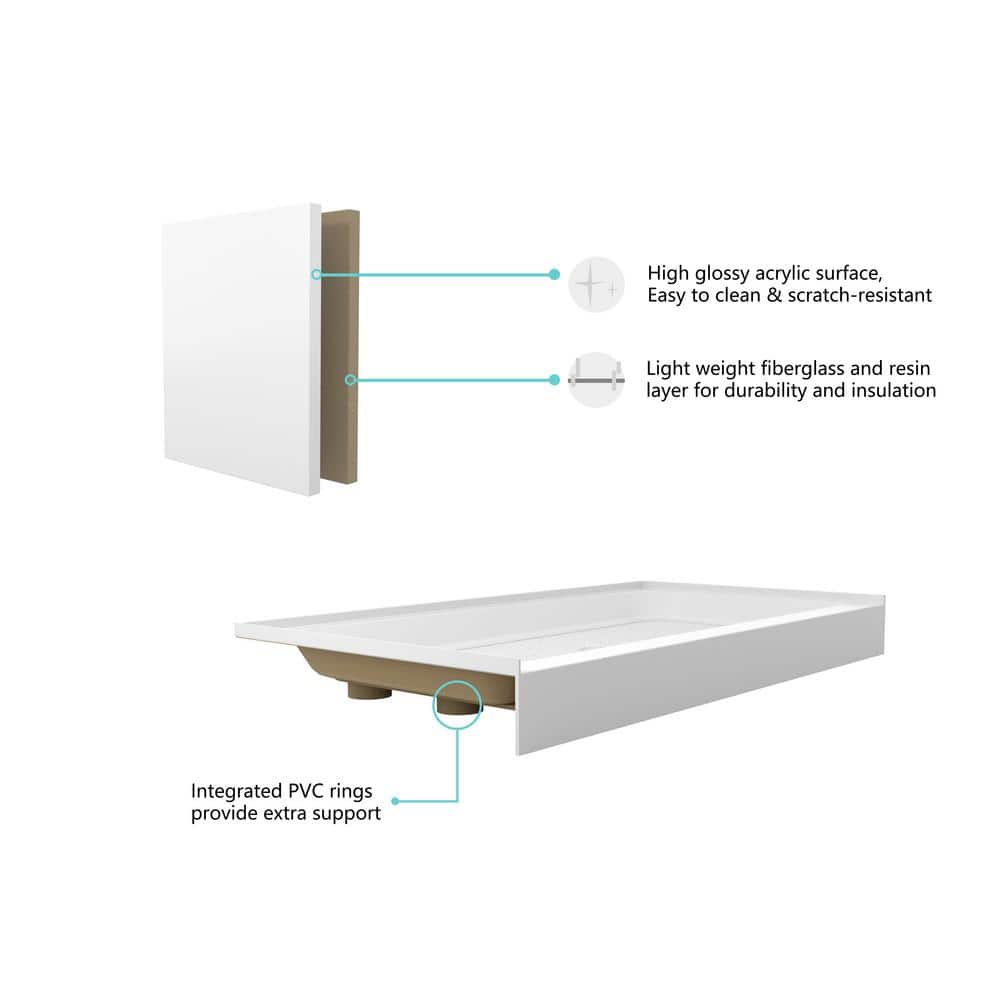 Unbranded Timeless Home 60 in. x 30 in. Single Threshold Shower Base Pan with Center Drain in Glossy White (2)