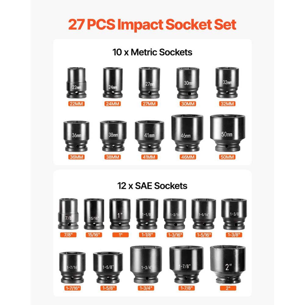 SKYSHALO 3/4 in. Drive Impact Socket Set, 27-Pieces SAE 7/8 in. to 2 in. and Metric 22 mm to 50 mm, 6-Point Cr-V Alloy Steel (2)