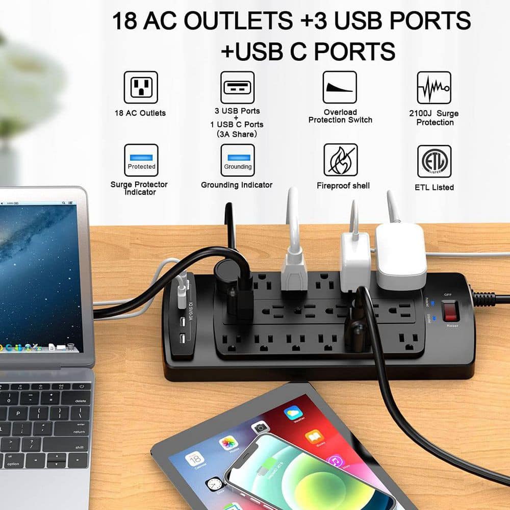 Lukyamzn 18-Outlets Power Strip 6 ft. Extension Cord 4 USB Ports Heavy Duty Surge Protector 2100 Joules ETL Listed Black (2)