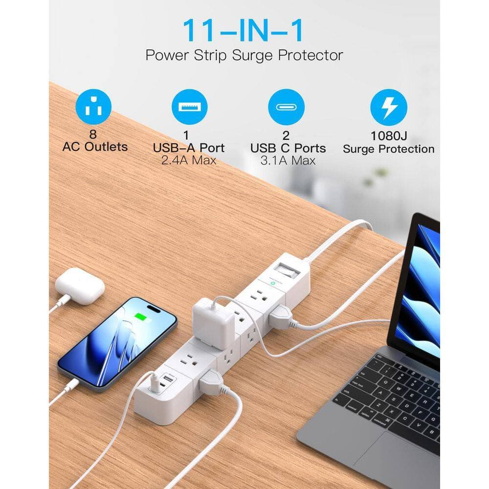 Unbranded 15 ft. Extension Cord 8-Outlet Surge Protector Power Strip w/ 1 USB-A Ports 2 USB-C Port Flat Plug, Overload Protection (2)