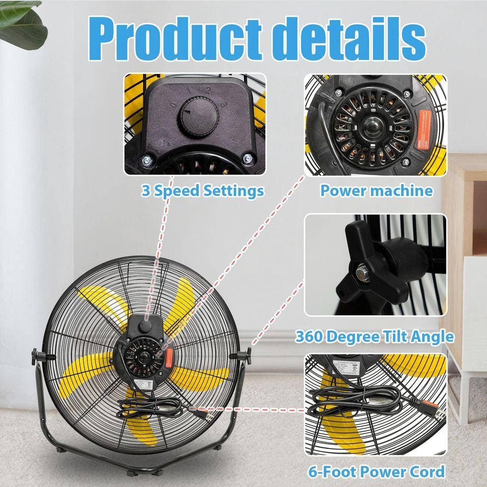 Stbine 20 in. 3 Fan Speeds Heavy Duty Metal Floor Fan in Yellow for Warehouse, Workshop, Factory and Basement (2)