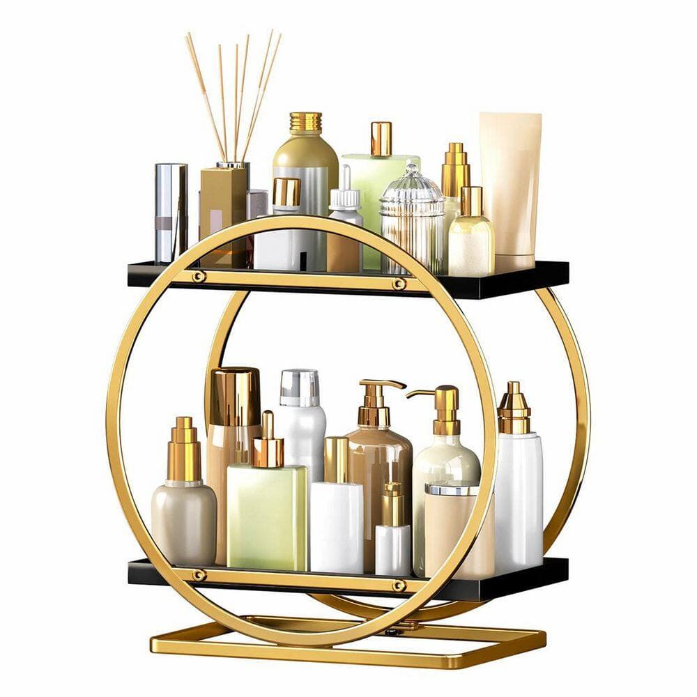 KHKFY 2-Tier Metal Makeup Organizer for Vanity and Bathroom Counter Black Gold Finish Holds Perfume Skincare (3)