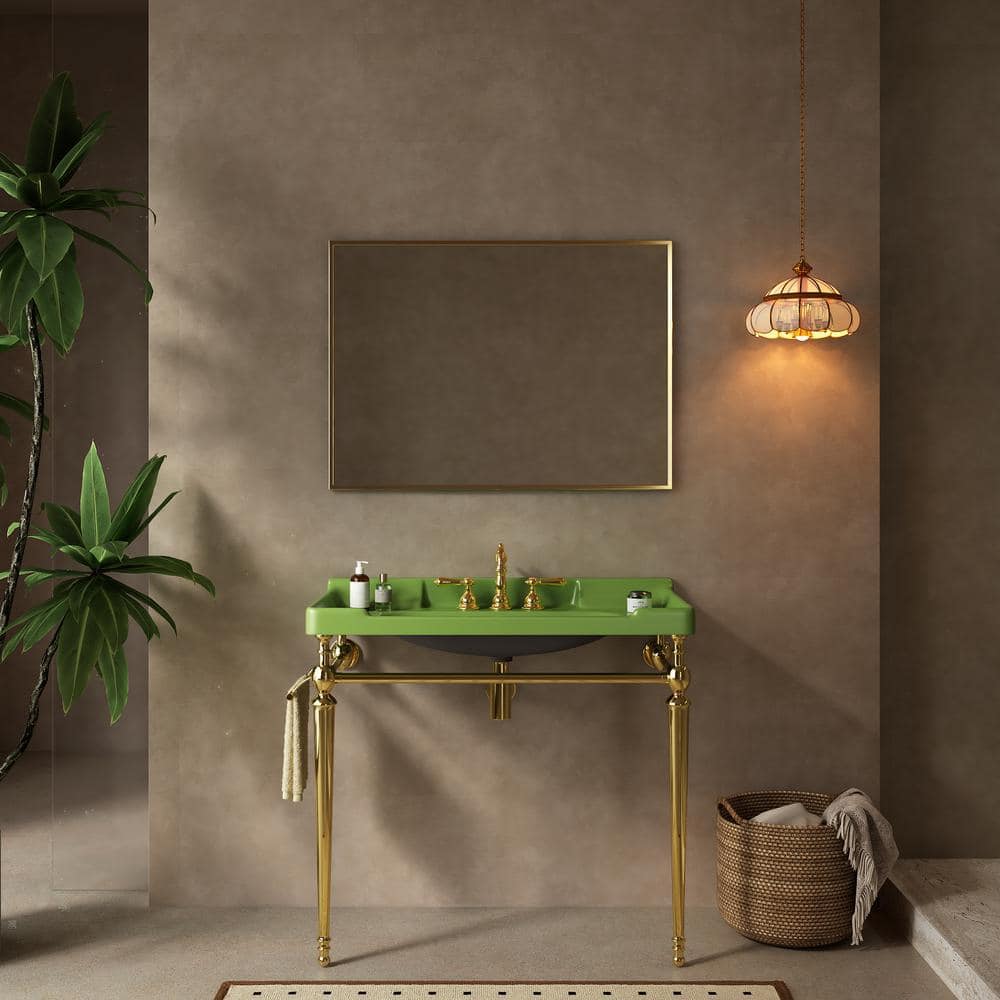 Unbranded 36 in. Green Ceramic Single Bowl Console Sink and Gold Legs Combo with 1-Towel Bar and 3-Faucet Holes (1)