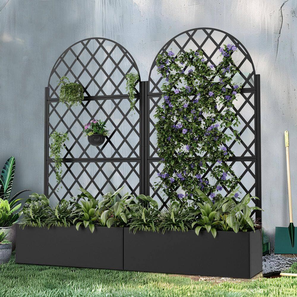 Lumioca 71.37 In. H x 35.1 In. W Black Metal Arch Outdoor Planting Box With Rhombus Climbing Frame Wall Decor. (2)
