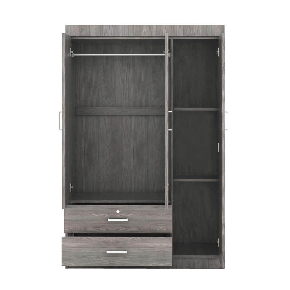 Unbranded 41.3 in. W x 18.5 in. D x 68.2 in. H Gray Wood Linen Cabinet with Wardrobe, 3 Doors, 2 Drawers and 1 Hanging Rod (1)