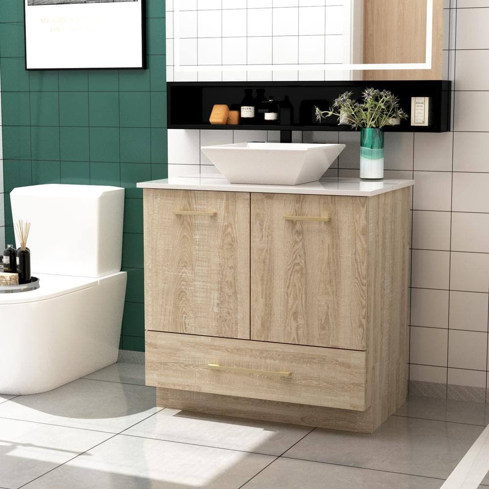 FUFU&GAGA 29.9 in. W x 18.8 in. D x 33.6 in. H Bath Vanity in Beige with MDF White Marble Top and Drawer (3)