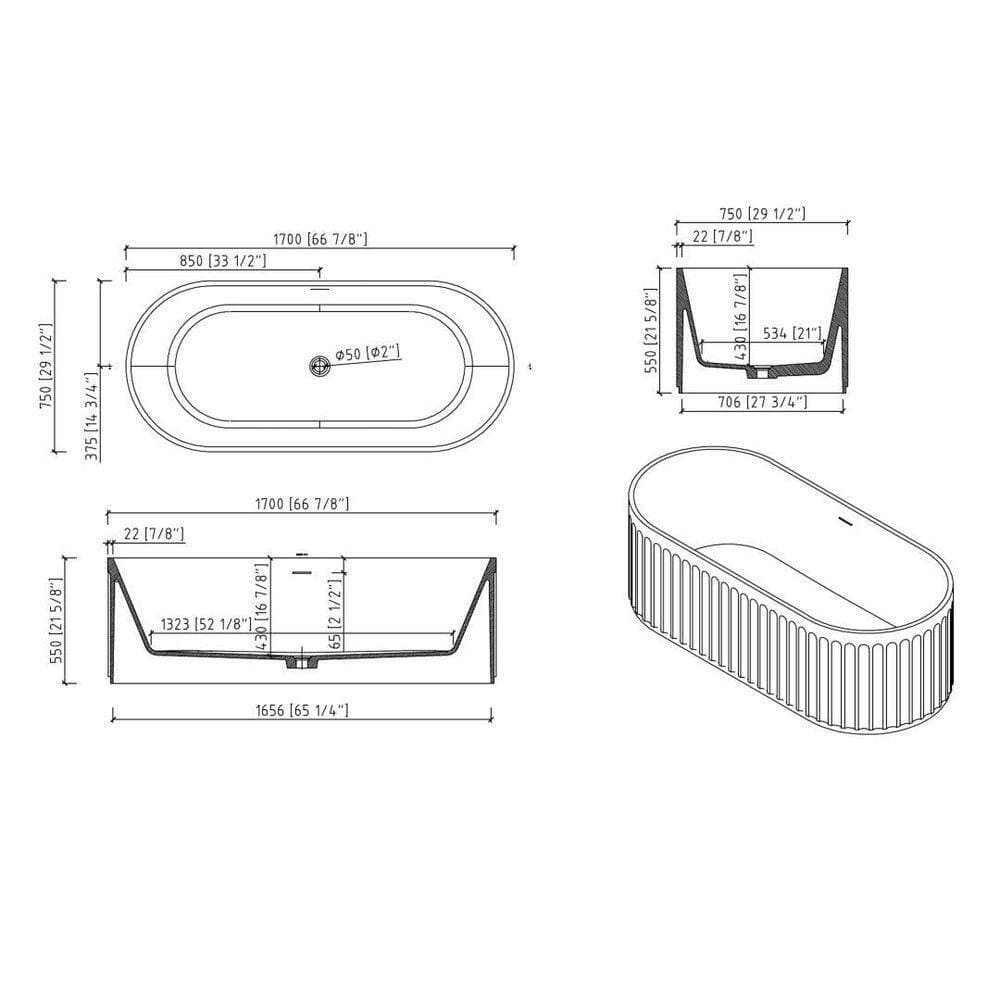 Unbranded 67 in. x 30 in. Contemporary Stone Resin Flatbottom Freestanding Soaking Bathtub with Overflow in Matte White (2)
