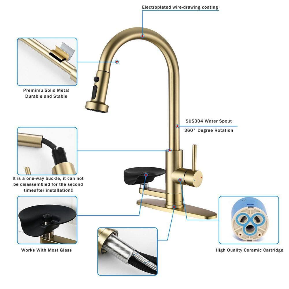Unbranded 3-in-1 Kitchen Faucet with Press-Type Glass Rinser, Bath Accessory Set, Pull-Down Sprayer Brushed Gold Finish (2)