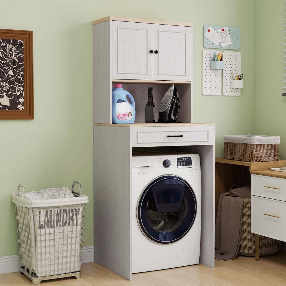 XUJMK 28 in. W x 24 in. D x 72 in. H Linen Cabinet, Laundry Storage Organizer with 1 Door, Adjustable Shelf, Antique White (3)