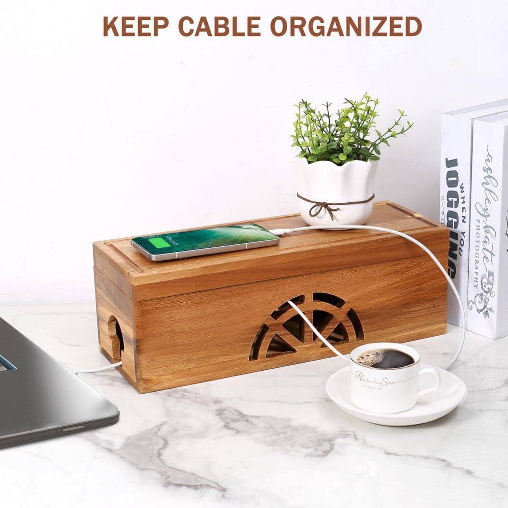 Ahfiwaso Acacia Series Extra Large Cable Management Box Cord Organizer Power Strip Storage Magnetic Lid Brown 1 Piece (2)