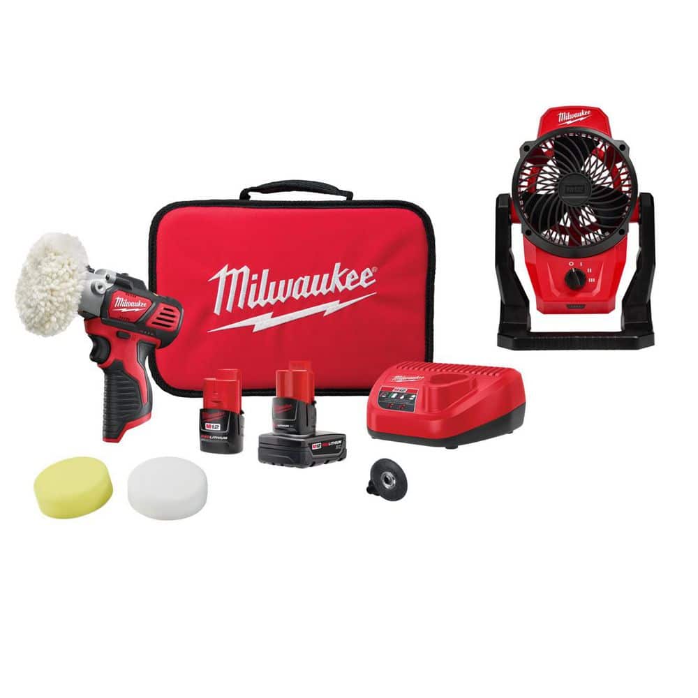 Milwaukee M12 12V Lithium-Ion Cordless Variable Speed Polisher/Sander Kit W/(2) M12 Batteries, Accessories, Charger, Bag, & Fan
