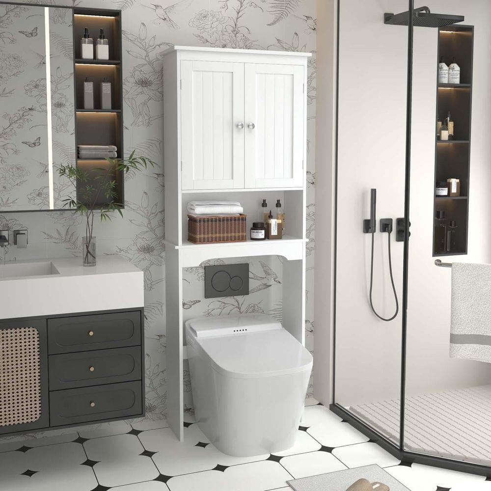 Unbranded 25 in. W x 9 in. D x 66 in. H White Linen Cabinet, Over-the-Toilet Cabinet, Bathroom Storage Shelf Over Toilet (2)