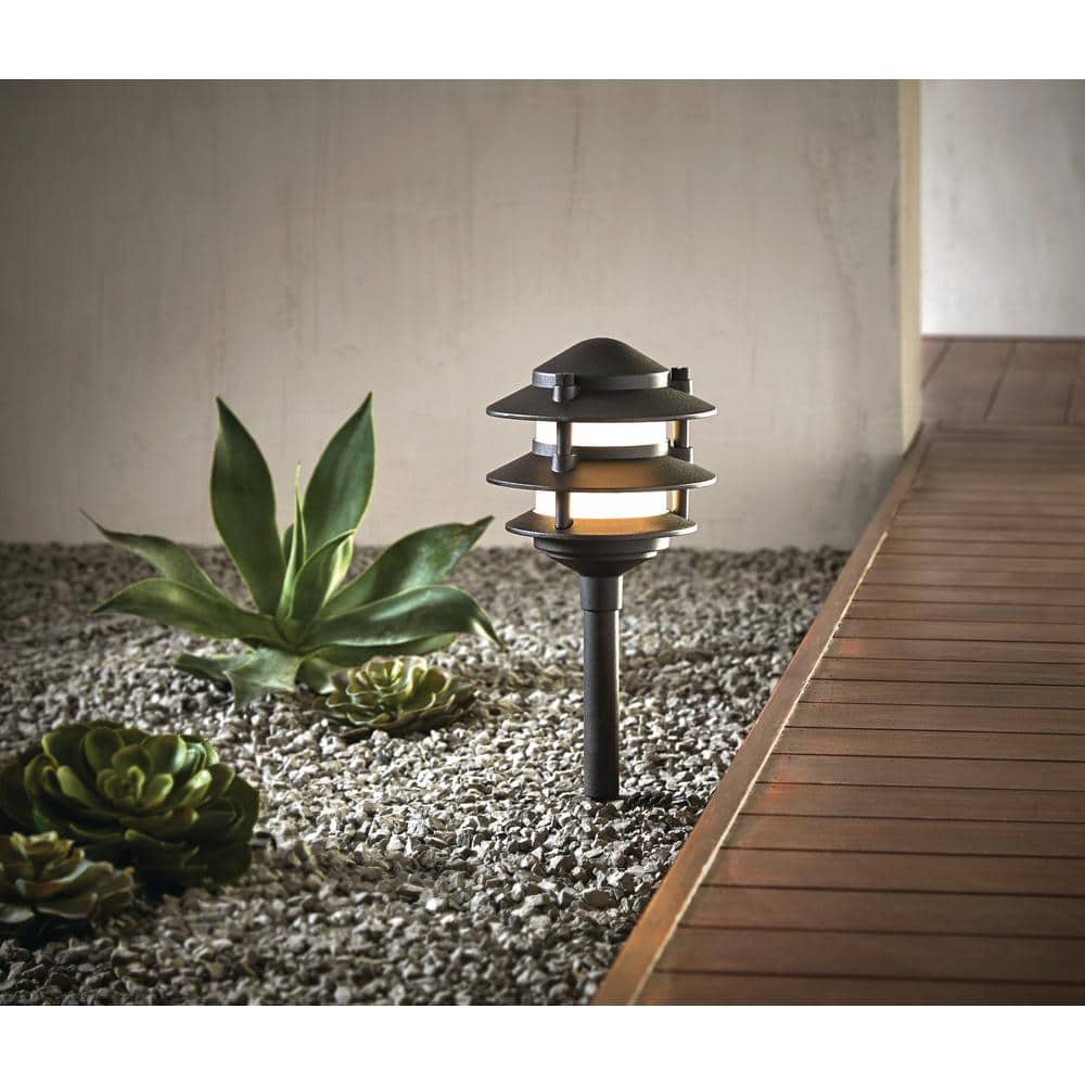 Hampton Bay Elmore 18 Lumen Low Voltage Black Integrated LED 3-Tier Metal Outdoor Landscape Path Light with Frosted Plastic Lens (2)
