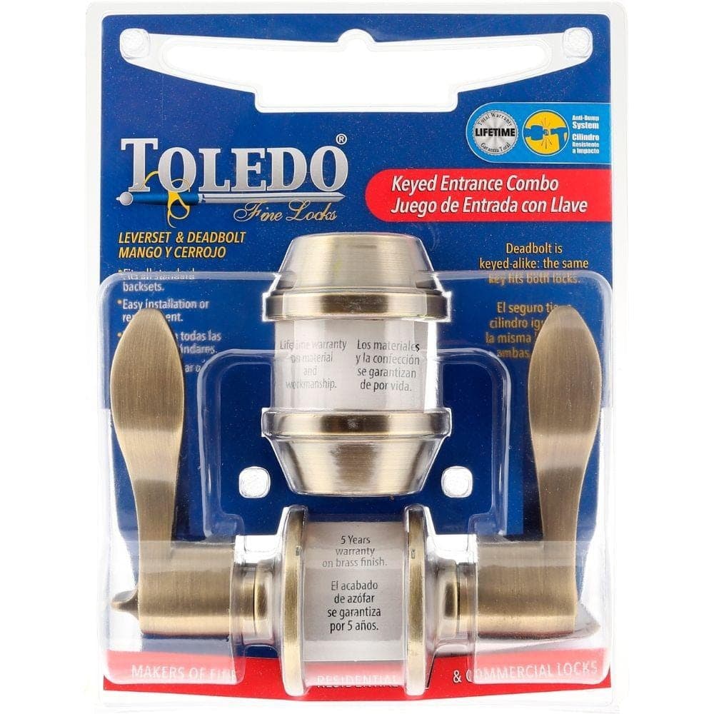 TOLEDO Jaen Antique Brass Handle Combo Pack with Single Cylinder Deadbolt (2)