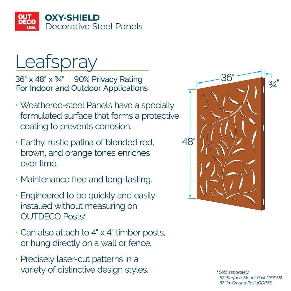 OUTDECO Leafspray 3 ft. x 4 ft. Decorative Privacy Panel in Oxy-Shield Weathered Steel with Screws (3)