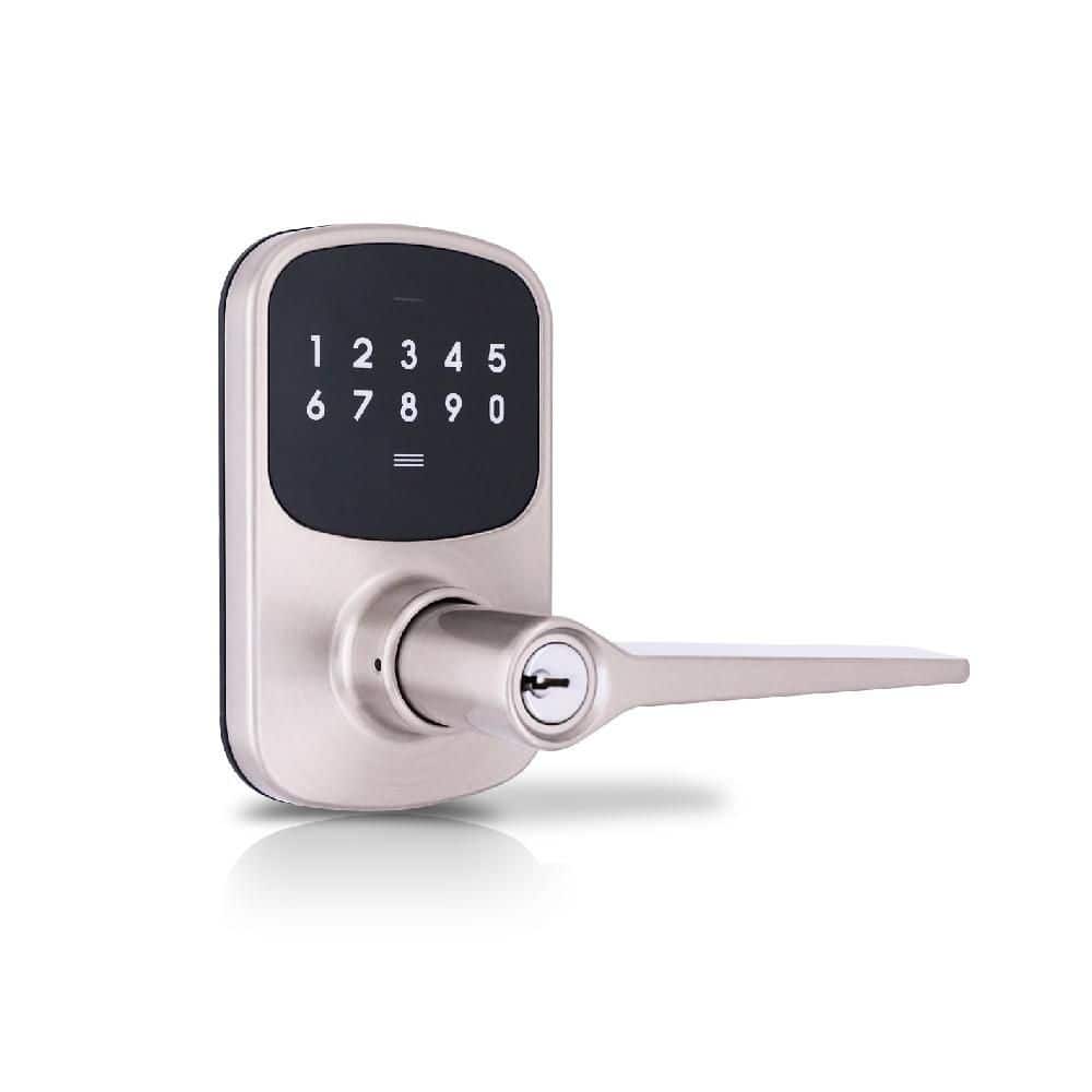 Defiant Compact Touch Satin Nickel Electronic Touchpad Keyed Entry Door Handle with Freedom Style Lever (1)