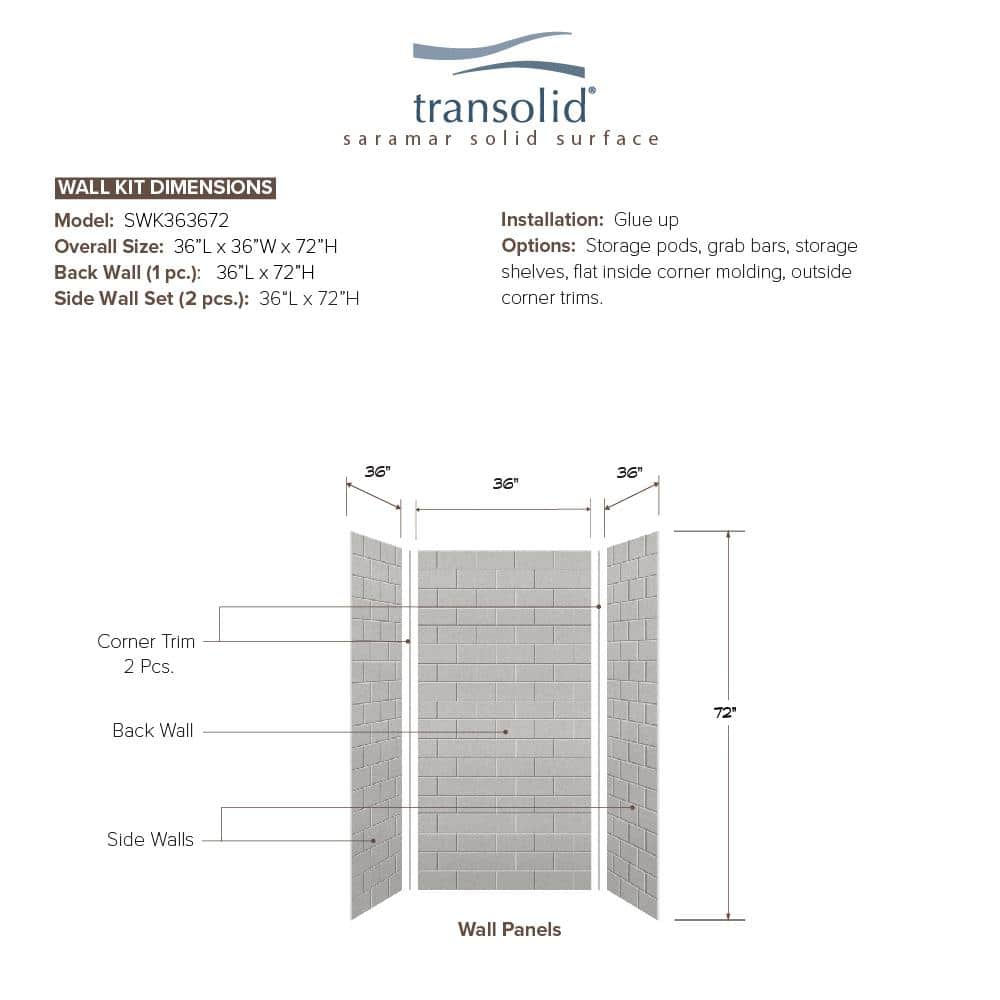 Transolid SaraMar 36 in. x 36 in. x 72 in. 3-Piece Easy Up Adhesive Alcove Shower Wall Surround in Grey Beach (3)