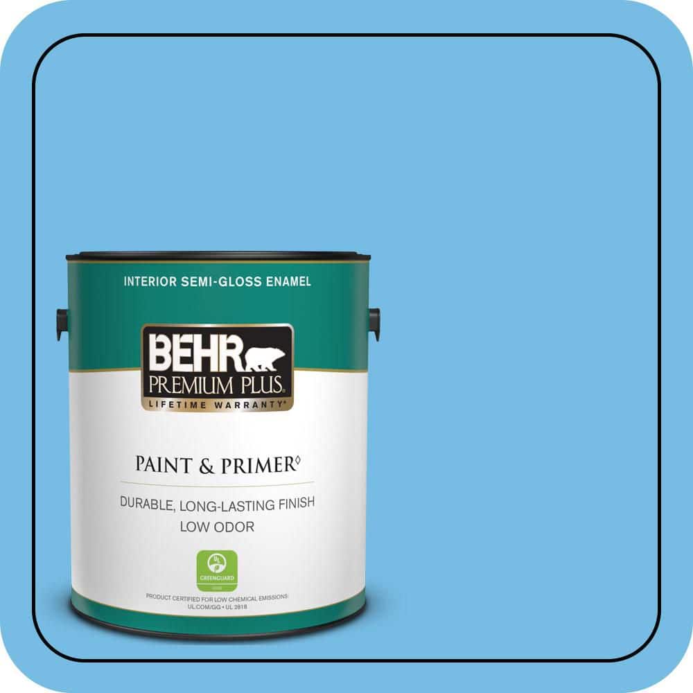 BEHR PREMIUM PLUS 1 gal. #550B-4 Costa Rica Blue Semi-Gloss Enamel Low Odor Interior Paint & Primer