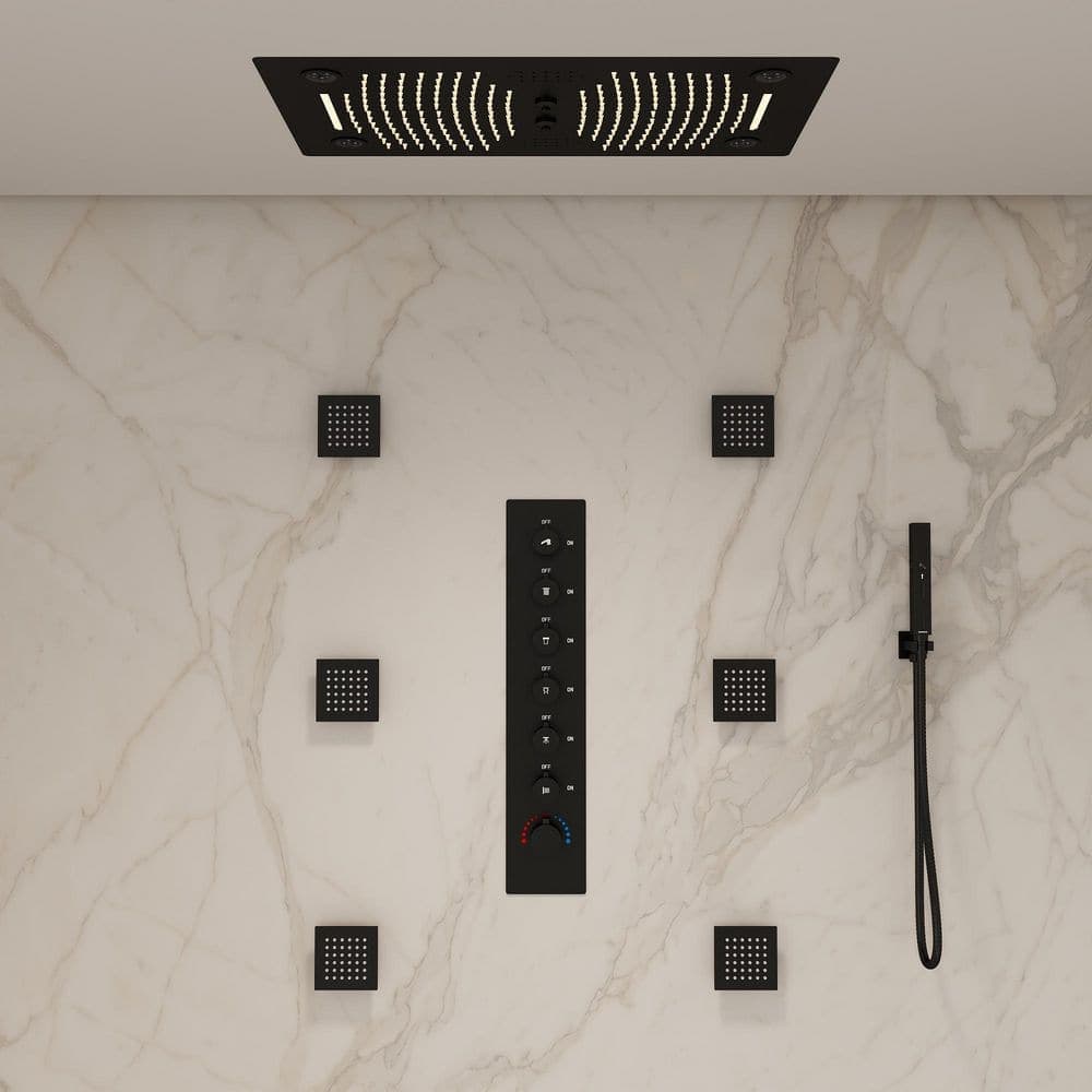 YAWWALK LED Mood Lighting 6-Spray Rectangular 28 in. x 16 in. Ceiling Mount Wall Bar Shower Kit 2.5 GPM in Matte Black (2)
