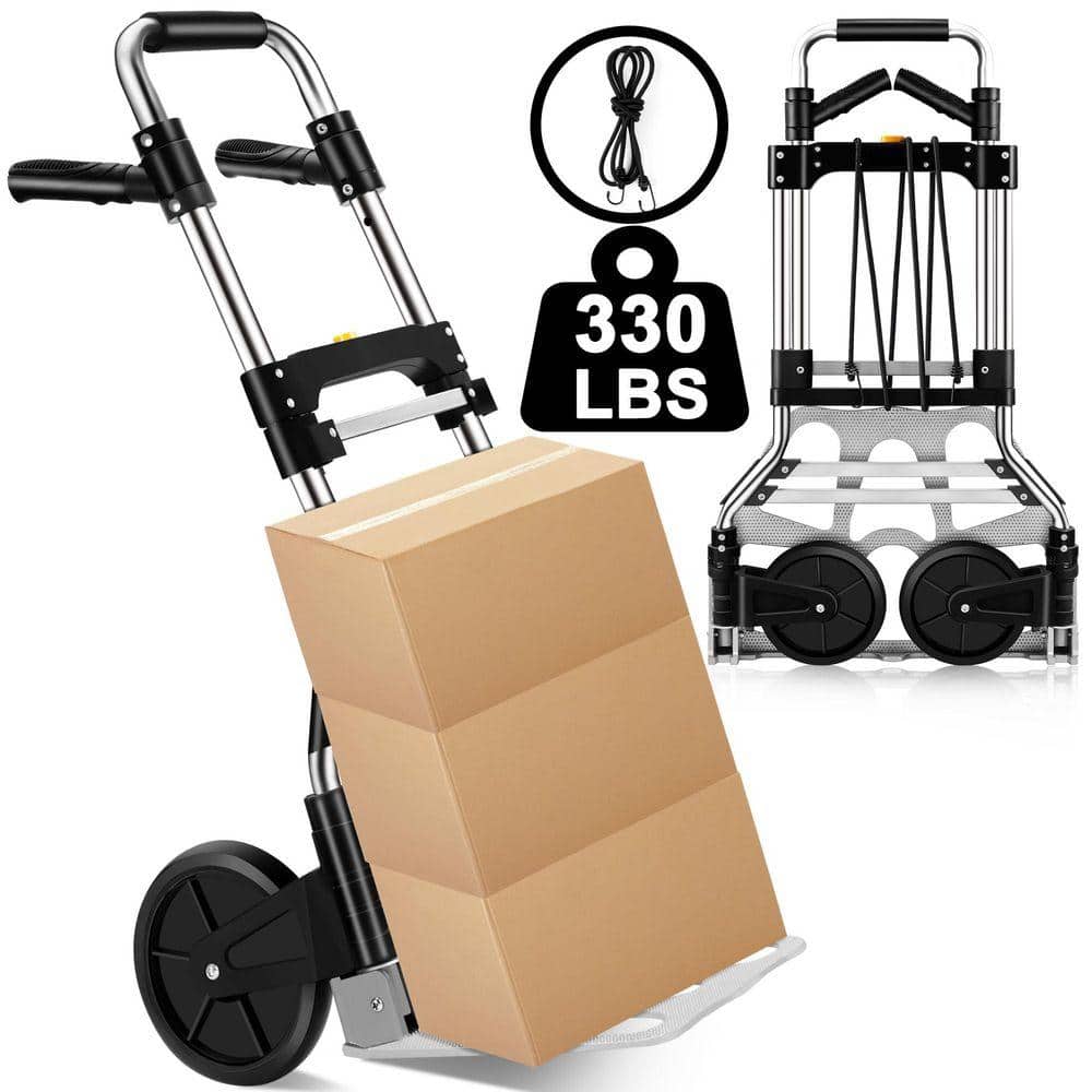 Primehome 330 lbs. Capacity Aluminum Folding Hand Truck, Portable Dolly Cart with Telescoping Handle and Rubber Wheels